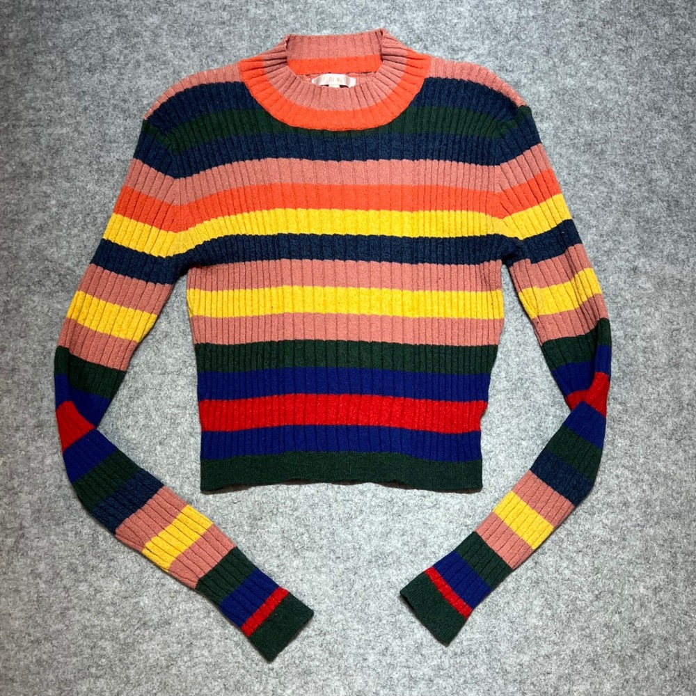Lottie Moss Rainbow Striped Ribbed Mock Neck Cropped Sweater Y2K Womens Medium‎